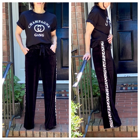 BLACK VELVET WIDE LEG PANTS W/LEOPARD SIDE TRIM - Picture 4 of 16